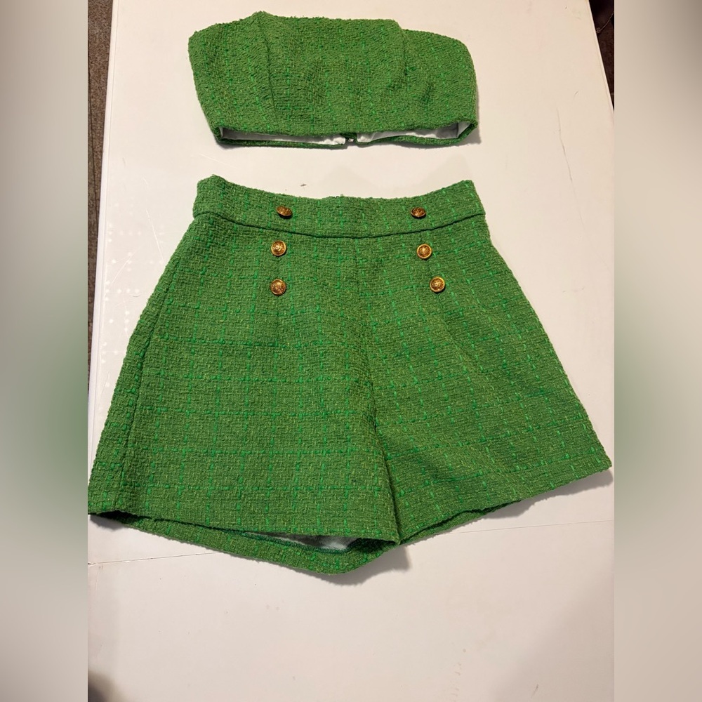 Green Tweed Strapless Top and Shorts Set Large